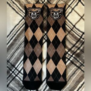 Michigan Oakland University socks, brown with mascot, never worn, good condition